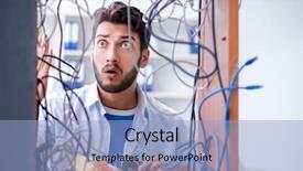  Presentation with computer network - Amazing PPT theme having computer repairman working on repairing backdrop and a light blue colored foreground