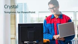  Presentation with computer workshop - Presentation theme consisting of computer repairman working on repairing background and a sky blue colored foreground