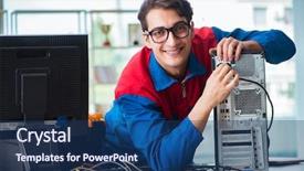  Presentation with computer workshop - Presentation theme featuring computer repairman working on repairing background and a  colored foreground