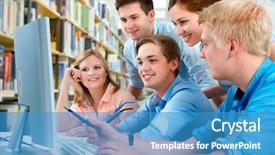  Presentation with college students - Presentation design having computer research - group of students background and a teal colored foreground