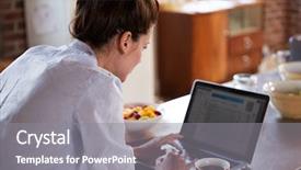  Presentation with breakfast - Slides enhanced with computer research - young woman using laptop background and a gray colored foreground