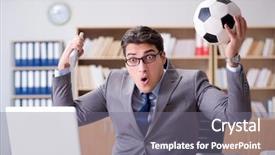  Presentation with motivation ball hill businessman - Audience pleasing slide set consisting of computer ropot - businessman with football ball backdrop and a gray colored foreground