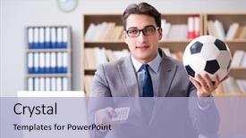  Presentation with motivation ball hill businessman - Audience pleasing presentation consisting of computer ropot - businessman with football ball backdrop and a light blue colored foreground