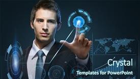  Presentation with virtual technology - Theme featuring computer science - half-length portrait of manager touching background and a navy blue colored foreground