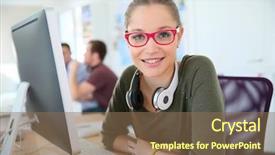  Presentation with eyeglasses - Amazing presentation theme having computer science - smiling student with pink eyeglasses backdrop and a violet colored foreground