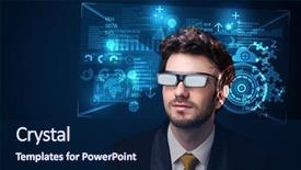  Presentation with tech science - Slide set with computer science - young man looking with futuristic background and a navy blue colored foreground