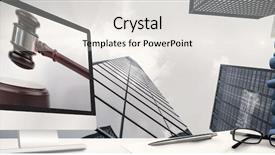  Presentation with gavel - Colorful presentation design enhanced with computer screen against gavel banging backdrop and a sky blue colored foreground