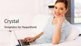  Presentation with laptop - Amazing slide deck having computer screen house - attractive woman sitting on couch backdrop and a  colored foreground