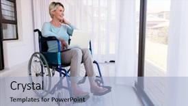  Presentation with sensuality woman black angel relaxing - Presentation consisting of computer screen house - disabled senior woman with laptop background and a light blue colored foreground