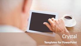  Presentation with elderly home - Amazing PPT layouts having computer screen house - elderly man using tablet backdrop and a  colored foreground