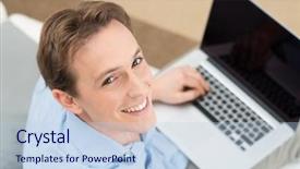  Presentation with laptop - Audience pleasing PPT theme consisting of computer screen house - happy young man working backdrop and a light blue colored foreground