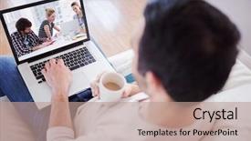  Presentation with casual young people - Presentation design having computer screen house - high angle view of young background and a coral colored foreground