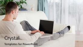  Presentation with social isolation - Slide set featuring computer screen house - man lying on his couch background and a  colored foreground