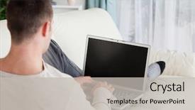  Presentation with social isolation - Audience pleasing slides consisting of computer screen house - man lying on his couch backdrop and a light gray colored foreground