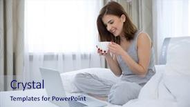  Presentation with coffe - Cool new slides with computer screen house - portrait of a happy woman backdrop and a  colored foreground