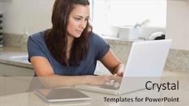  Presentation with social isolation - Beautiful slides featuring computer screen house - woman using laptop next backdrop and a  colored foreground