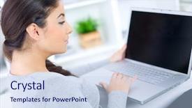  Presentation with working - Beautiful presentation featuring computer screen house - young woman sitting on couch backdrop and a  colored foreground