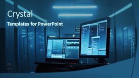  Presentation with computer room - Slide deck featuring computer-screen-over-server-room background and a ocean colored foreground