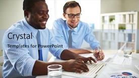  Presentation with financial reports - Cool new slide deck with computer screen while preparing annual backdrop and a light blue colored foreground