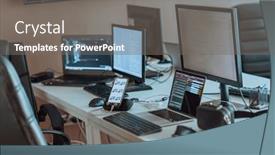  Presentation with algorithms - Presentation theme featuring computer-screens-running-programming-code background and a gray colored foreground