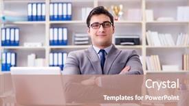  Presentation with working - Presentation having computer self service - businessman working in the office background and a coral colored foreground