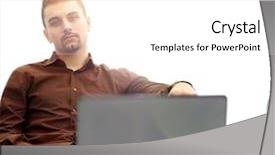  Presentation with young man holdng laptop on lap money - Audience pleasing slides consisting of computer self service - closeup brooding guy backdrop and a  colored foreground