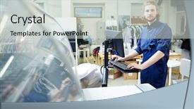  Presentation with jesus out of the tumb - Beautiful presentation theme featuring computer self service - confident young specialist carrying backdrop and a light gray colored foreground