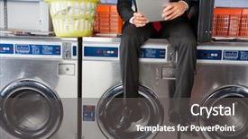  Presentation with china clothes washing machine - Slide deck enhanced with computer self service - low section of young businessman background and a dark gray colored foreground