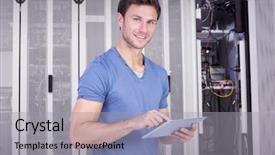  Presentation with scrolling - Audience pleasing presentation design consisting of computer servers - man scrolling through tablet pc backdrop and a light gray colored foreground