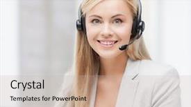  Presentation with headphones - PPT layouts enhanced with computer service - smiling female helpline operator background and a mint green colored foreground