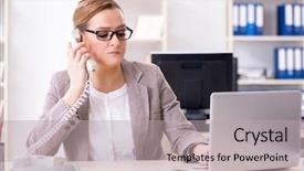  Presentation with employee - Amazing presentation theme having computer service outsource - businesswoman employee talking backdrop and a mint green colored foreground