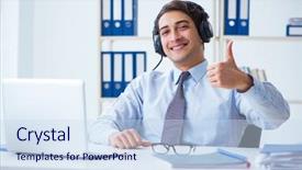  Presentation with call center - Presentation theme consisting of computer service outsource - call center operator talking background and a sky blue colored foreground