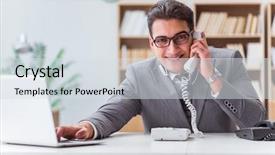  Presentation with call center reporting - Beautiful slide set featuring computer service outsource - call center operator talking backdrop and a sky blue colored foreground