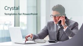  Presentation with call center - Presentation theme with computer service outsource - call center operator talking background and a sky blue colored foreground