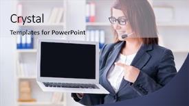  Presentation with call center software - Presentation theme having computer service outsource - call center operator working background and a sky blue colored foreground