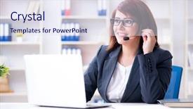  Presentation with call center reporting - Slide set consisting of computer service outsource - call center operator working background and a sky blue colored foreground