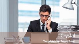  Presentation with talking on phone - Beautiful slide deck featuring computer service outsource - young businessman talking backdrop and a  colored foreground