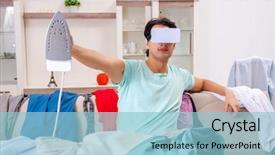  Presentation with ironing - Slide deck consisting of computer service outsource - young man husband ironing background and a light blue colored foreground