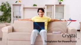  Presentation with ironing - PPT theme with computer service outsource - young man husband ironing background and a coral colored foreground