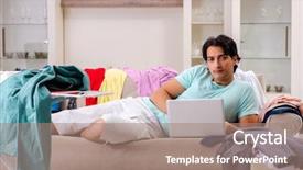  Presentation with young man on the phone - Amazing slide set having computer service outsource - young man husband ironing backdrop and a  colored foreground
