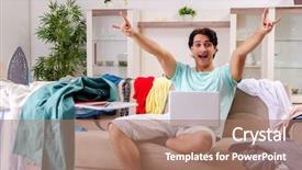  Presentation with one young man exercising handball - Presentation design consisting of computer service outsource - young man husband ironing background and a  colored foreground