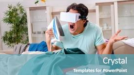  Presentation with ironing - Slide deck consisting of computer service outsource - young man husband ironing background and a teal colored foreground
