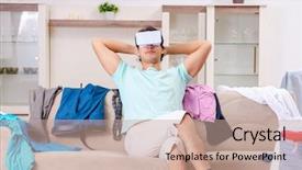  Presentation with energy conservation home - Beautiful presentation theme featuring computer service outsource - young man husband ironing backdrop and a coral colored foreground