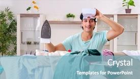  Presentation with ironing - PPT theme with computer service outsource - young man husband ironing background and a light blue colored foreground