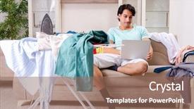  Presentation with ironing - PPT theme having computer service outsource - young man husband ironing background and a  colored foreground