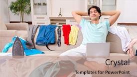  Presentation with ironing - Colorful presentation theme enhanced with computer service outsource - young man husband ironing backdrop and a coral colored foreground