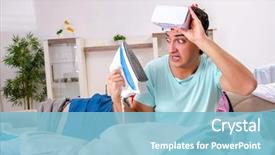  Presentation with ironing - Beautiful presentation design featuring computer service outsource - young man husband ironing backdrop and a light blue colored foreground