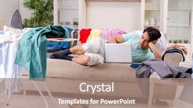  Presentation with ironing - PPT theme having computer service outsource - young man husband ironing background and a coral colored foreground