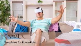  Presentation with ironing - Slide set consisting of computer service outsource - young man husband ironing background and a coral colored foreground