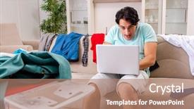  Presentation with ventilation home - Beautiful slide deck featuring computer service outsource - young man husband ironing backdrop and a coral colored foreground